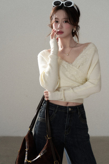 V-Neck Hollow Knit Top and Jeans Set-Up