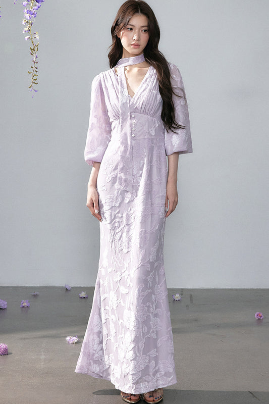 French Retro Lace Jacquard V-Neck Dress