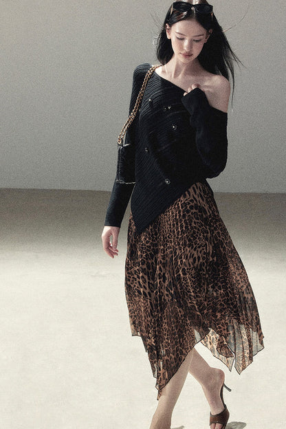 Irregular Hem Stacked Pleats Leopard Skirt