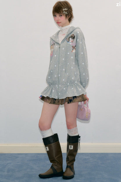 Cat Polka Dot Zipper Hooded Jacket
