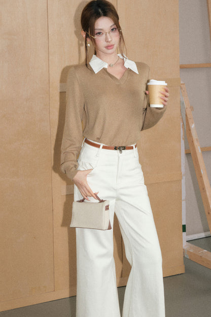Light Camel Lapel Knit Top and White Pants Set-Up