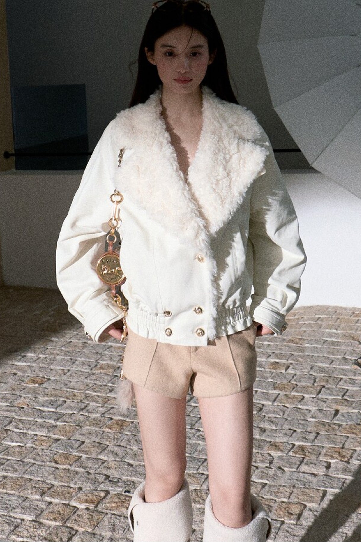 Napoleon Style Curly Fur Lapel Padded Jacket