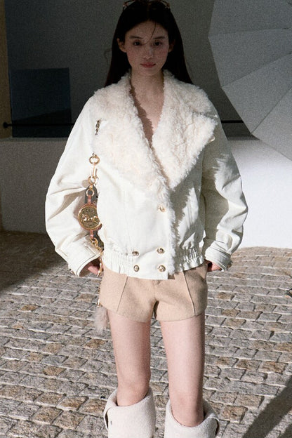 Napoleon Style Curly Fur Lapel Padded Jacket