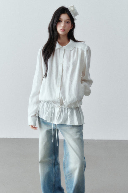 Low-Waist Ruffle Linen Shirt