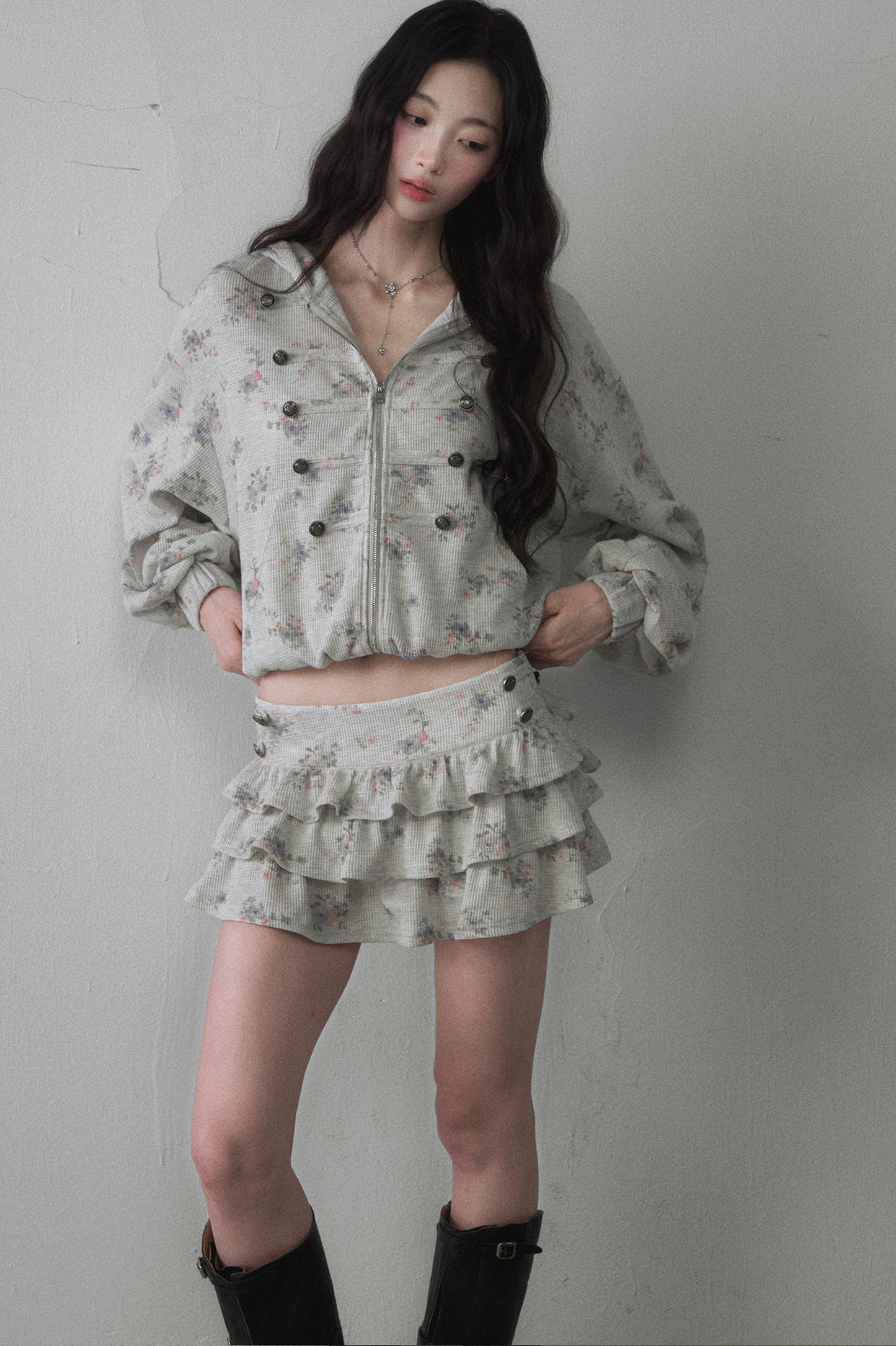 Floral Hooded Sweatshirt and Multi-Layer Cake Skirt Set
