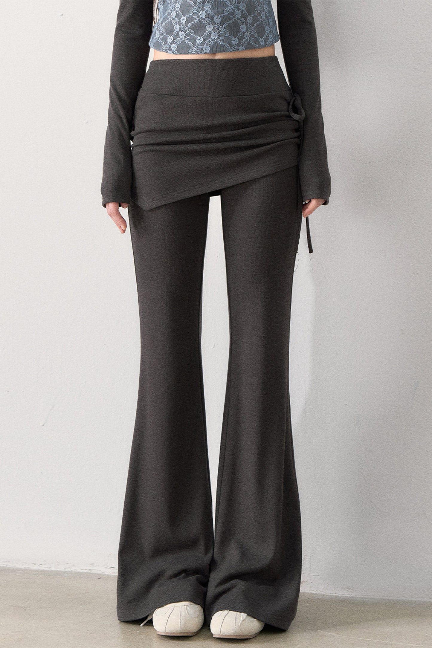 Lace Trim Knit Top and Flared Pants Set-Up