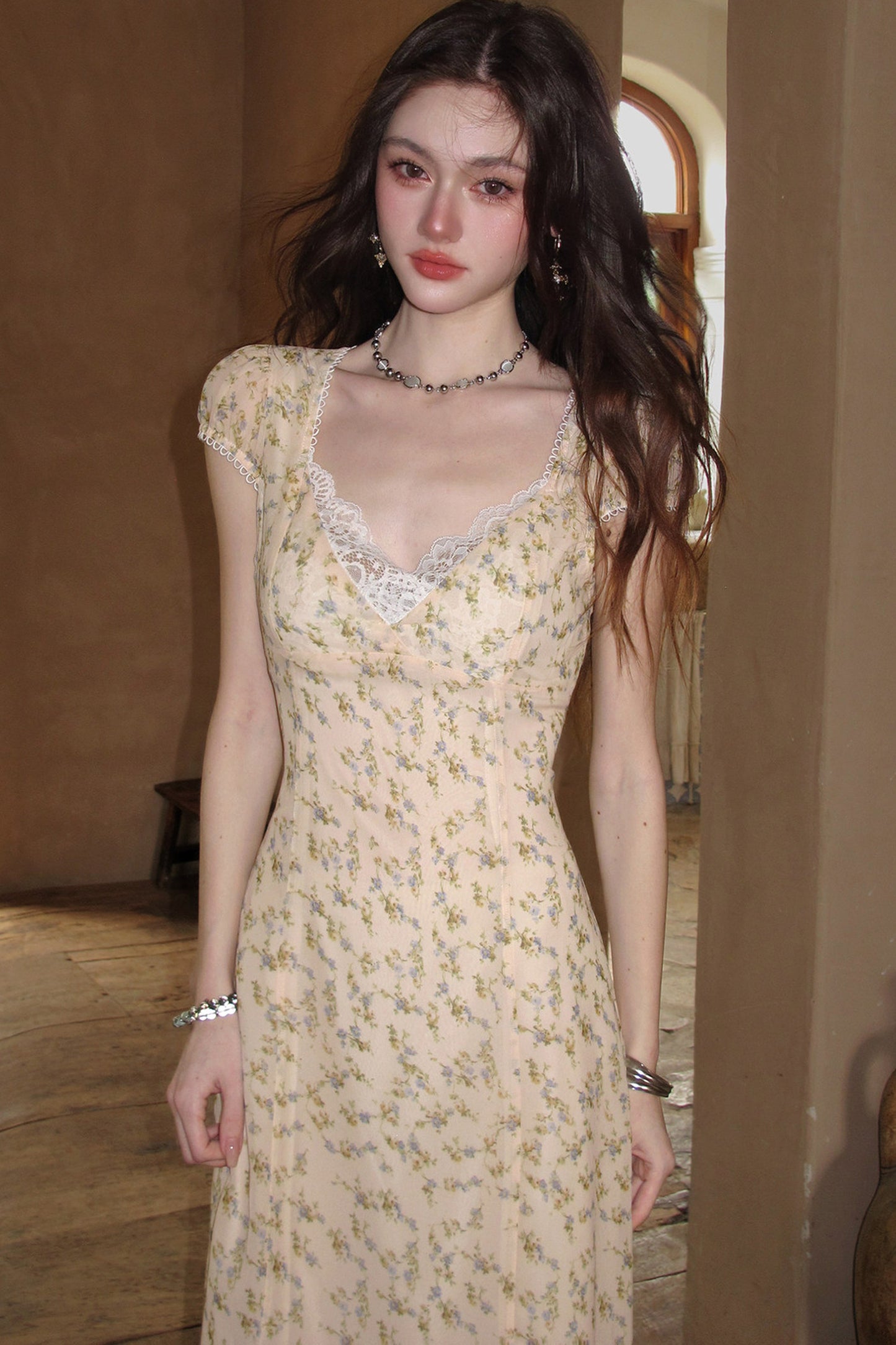 Light Yellow Floral Lace V-Neck Long Dress