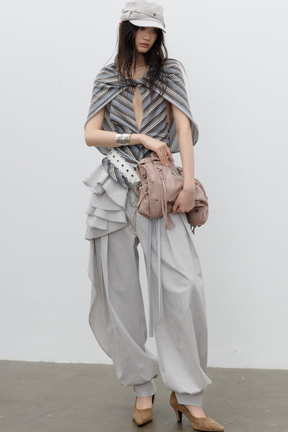 Striped Cape Shawl-Style Halter Neck T-Shirt