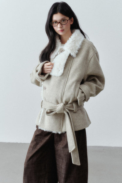 Plush Lapel Woolen Tie-Up Jacket