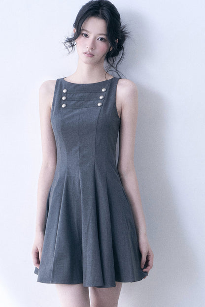 Decorative Button Sleeveless Flared Dress