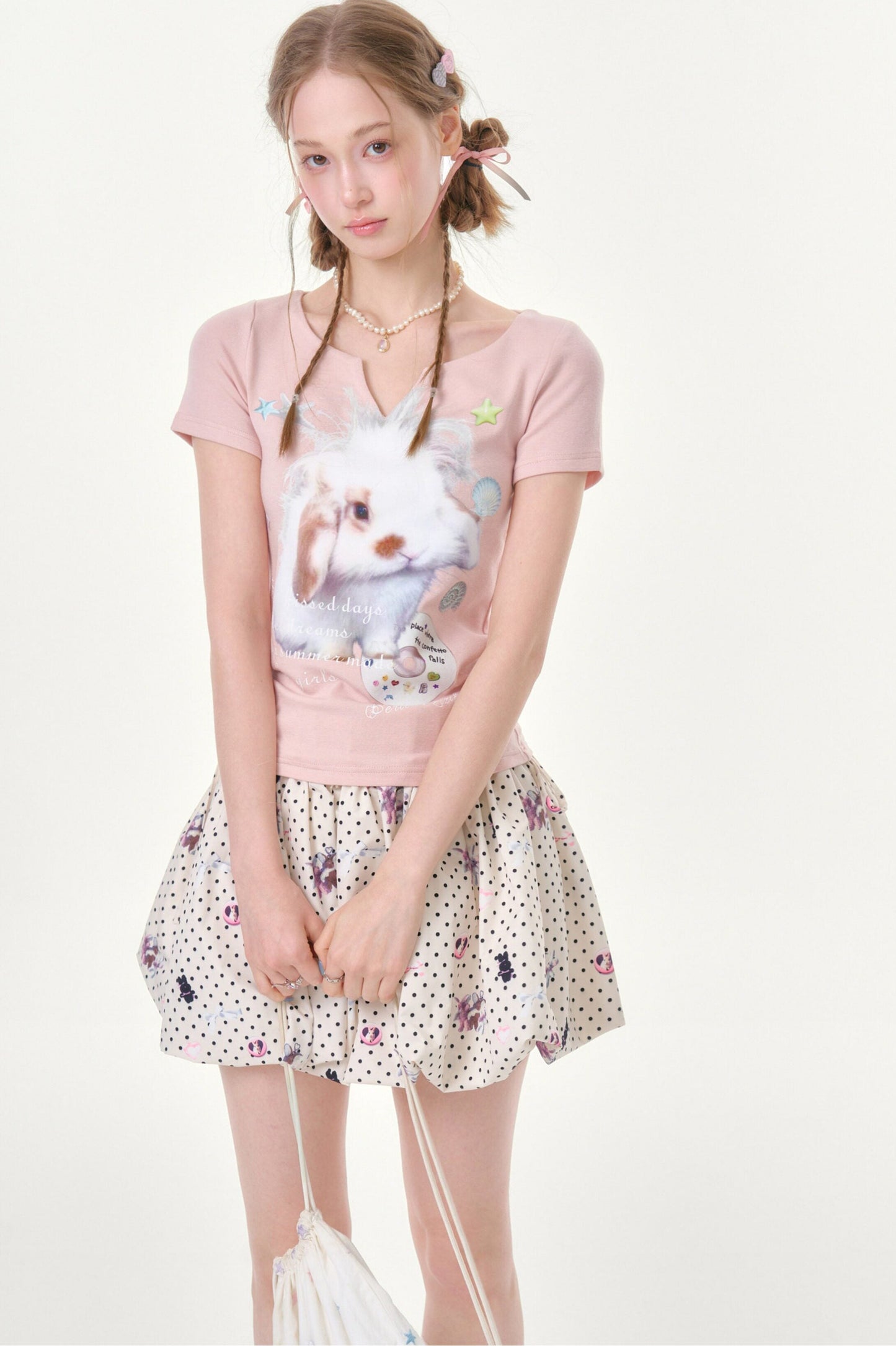 Fuzzy Pink Rabbit Print T-Shirt