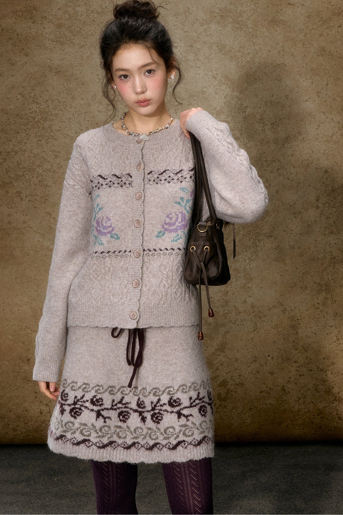 High-Waisted Floral Jacquard Knit A-Line Drawstring Skirt Set-Up