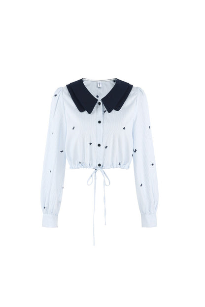 Doll Collar Drawstring Long-Sleeve Shirt and Skirt Set-Up