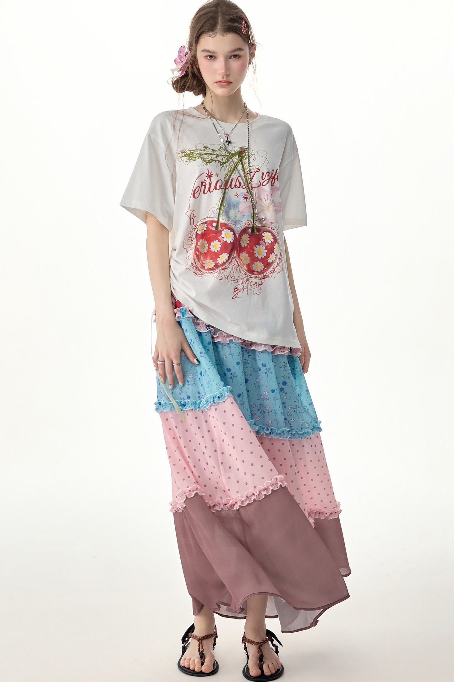 Kurzärmeliges T-Shirt mit Kirschprint