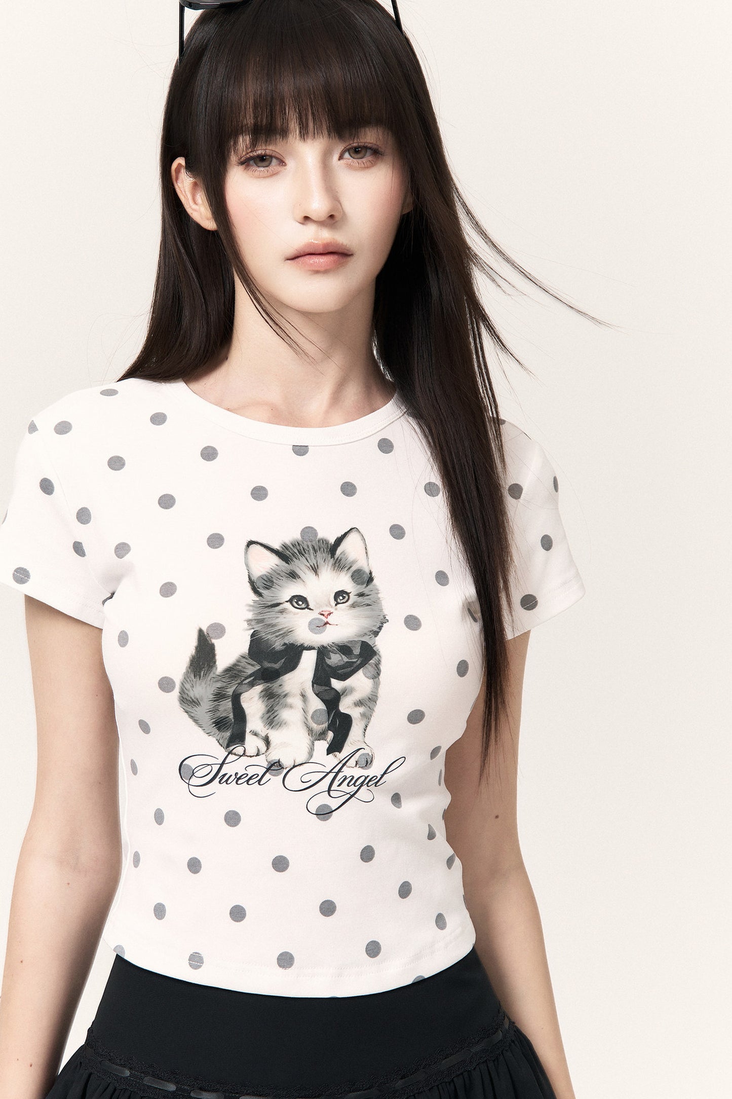 Cat Print Polka Dot Top Pants and Skirt Set-Up