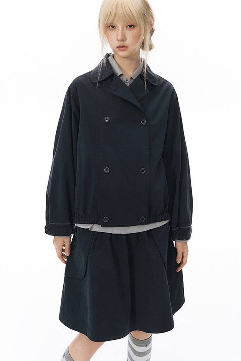 Retro Double-Breasted Workwear Jacket and Skirt Set-Up