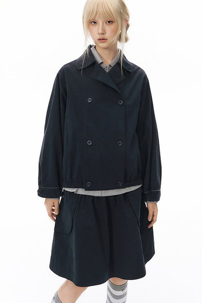 Retro Double-Breasted Workwear Jacket and Skirt Set-Up