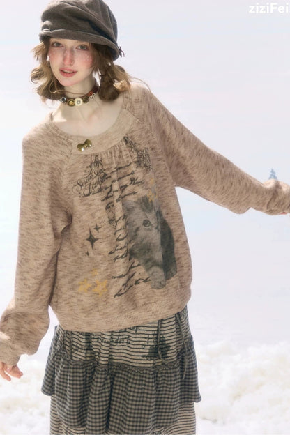 Distressed Cat Print Sweatshirt