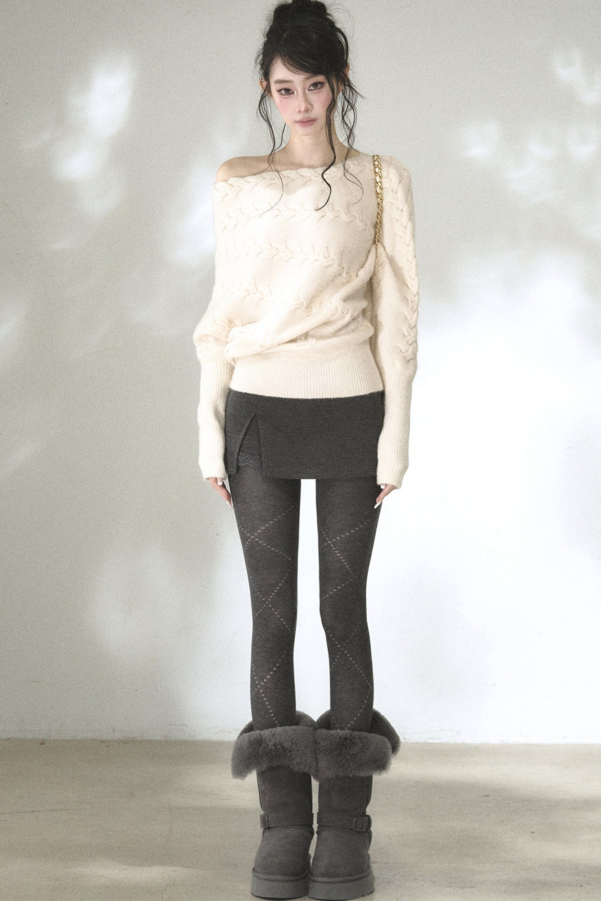 Diagonal Cable Knit Off-Shoulder Sweater