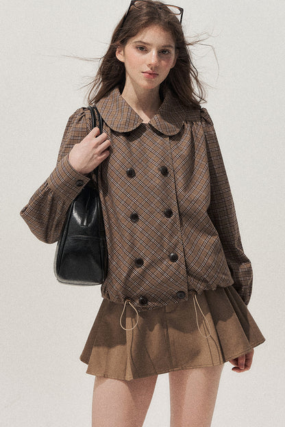 Brown Doll Collar Trench Coat and Skirt Set-Up