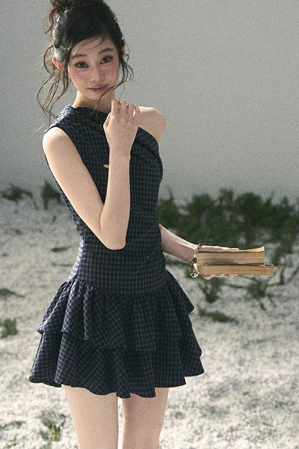 Moonlight Plaid Off-Shoulder Dress