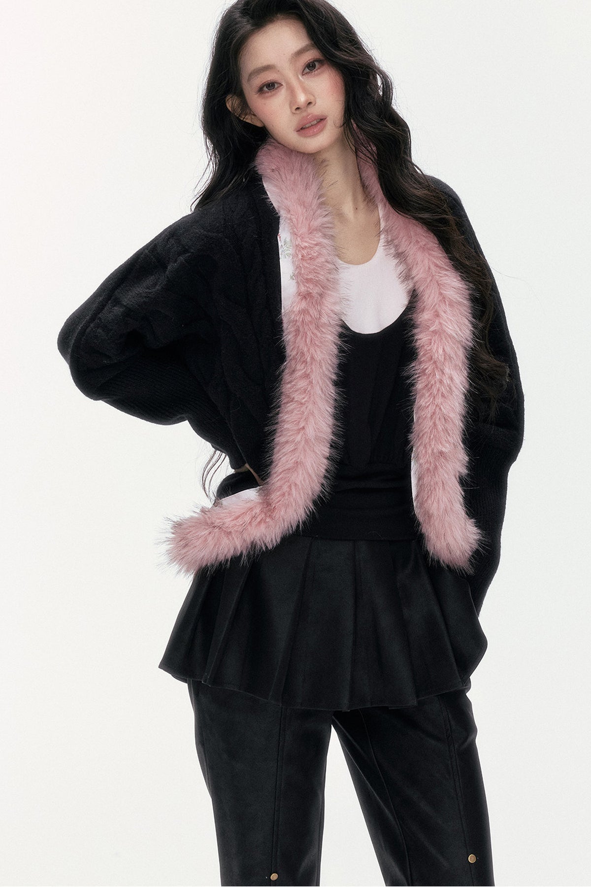 Detachable Fur Collar Batwing Knit Cardigan