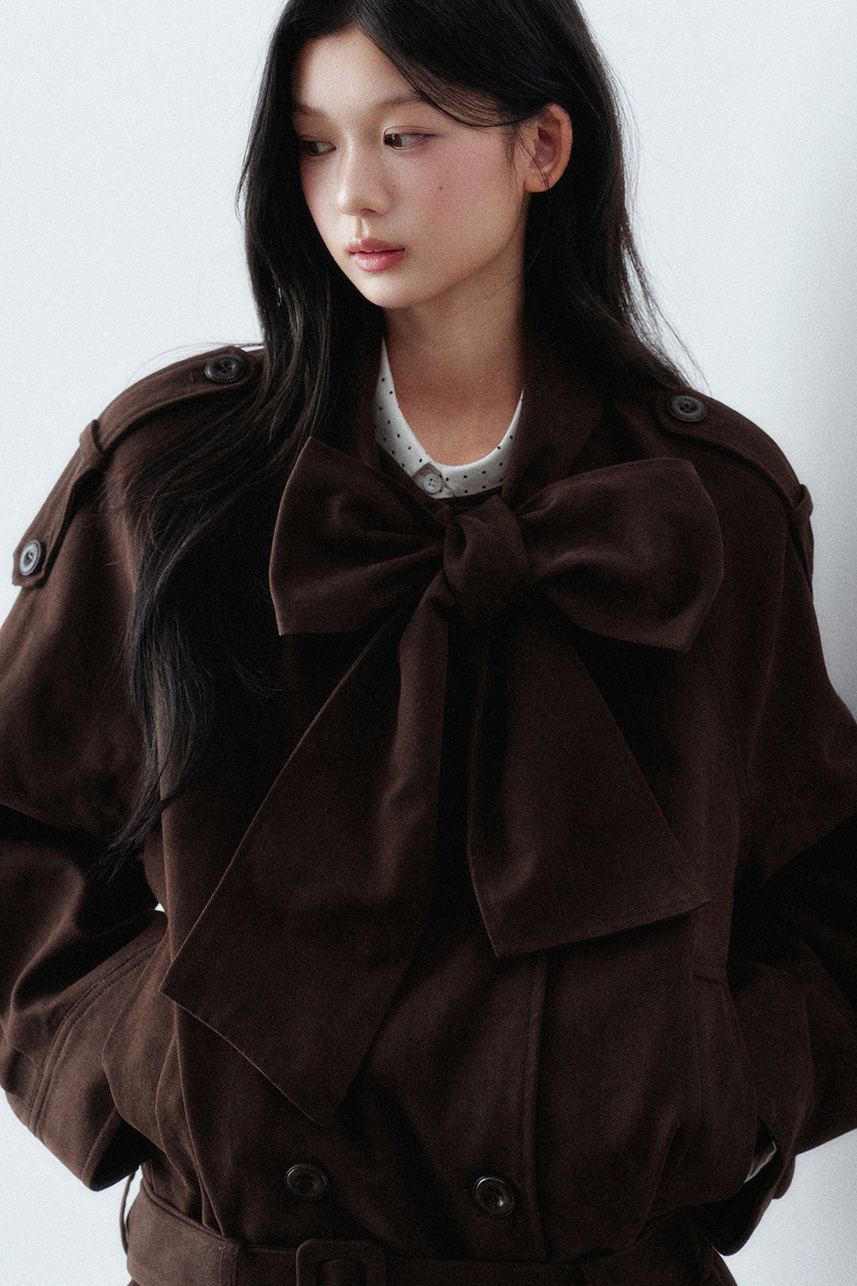 Bow Tie Low-Waist Cotton Trench Coat