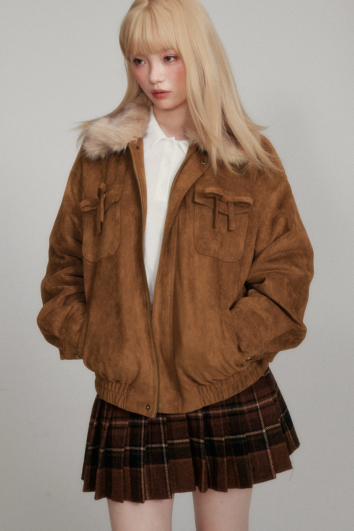 Wool Plaid Pleated Half Skirt