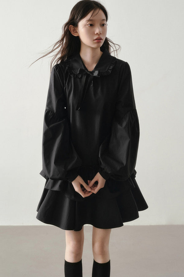 Black Asymmetrical Ruffle Lantern Sleeve Dress