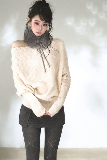 Diagonal Cable Knit Off-Shoulder Sweater