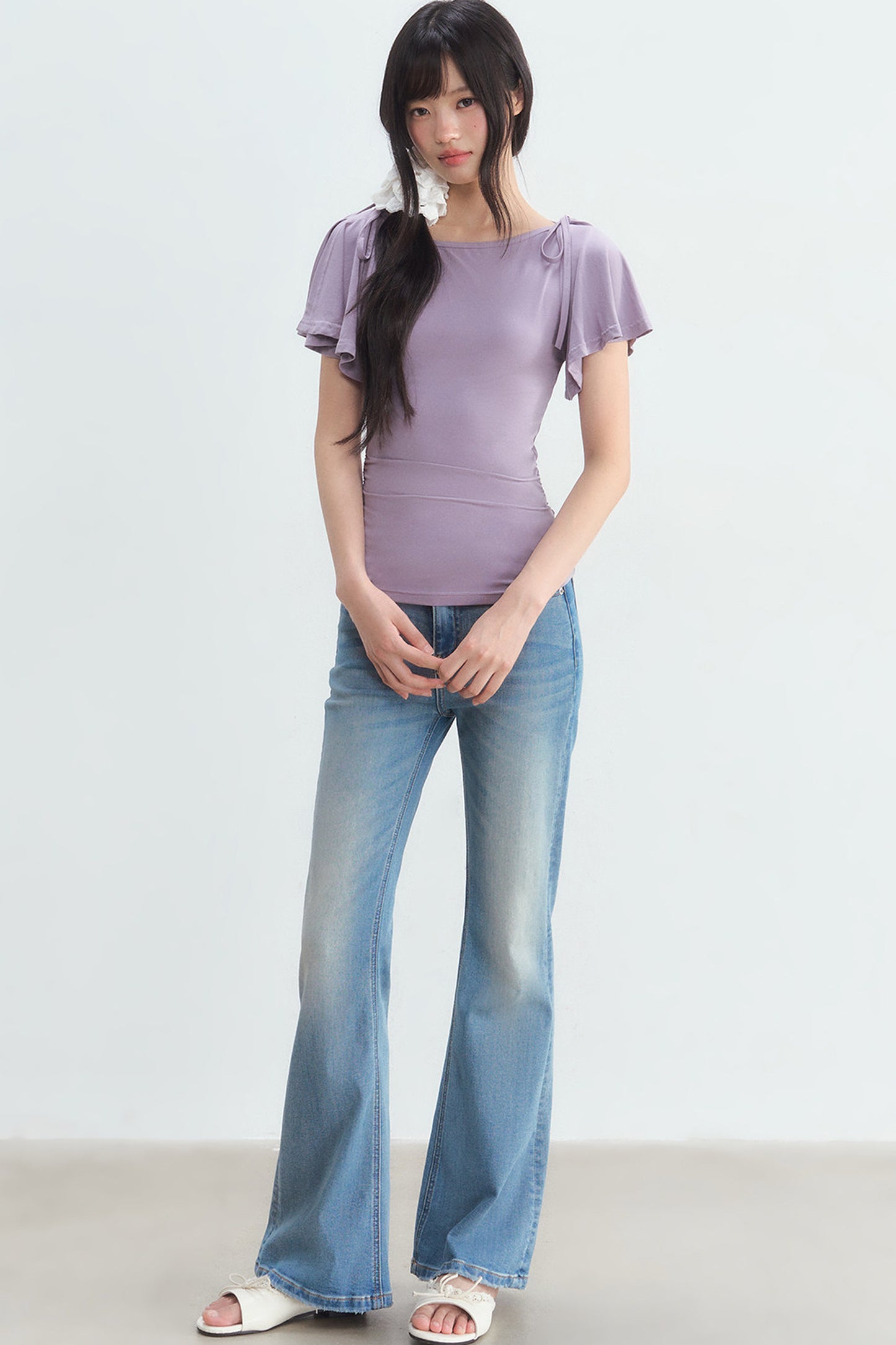 Purple Tie Flutter Sleeve Top and Denim Pants Set-Up