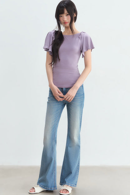 Purple Tie Flutter Sleeve Top and Denim Pants Set-Up