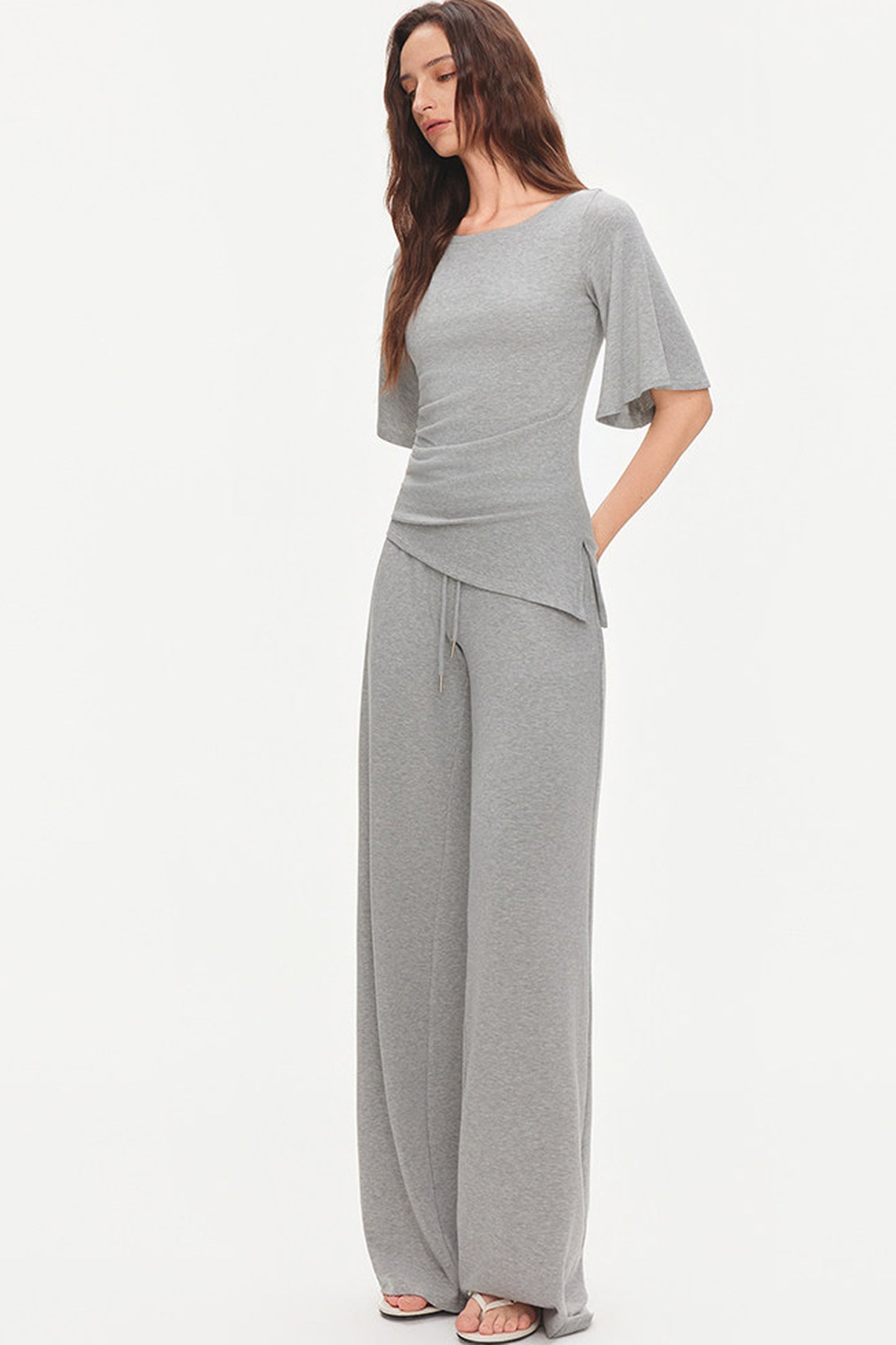 Ruched Modal Cotton Top and Wide-Leg Pants Set-Up