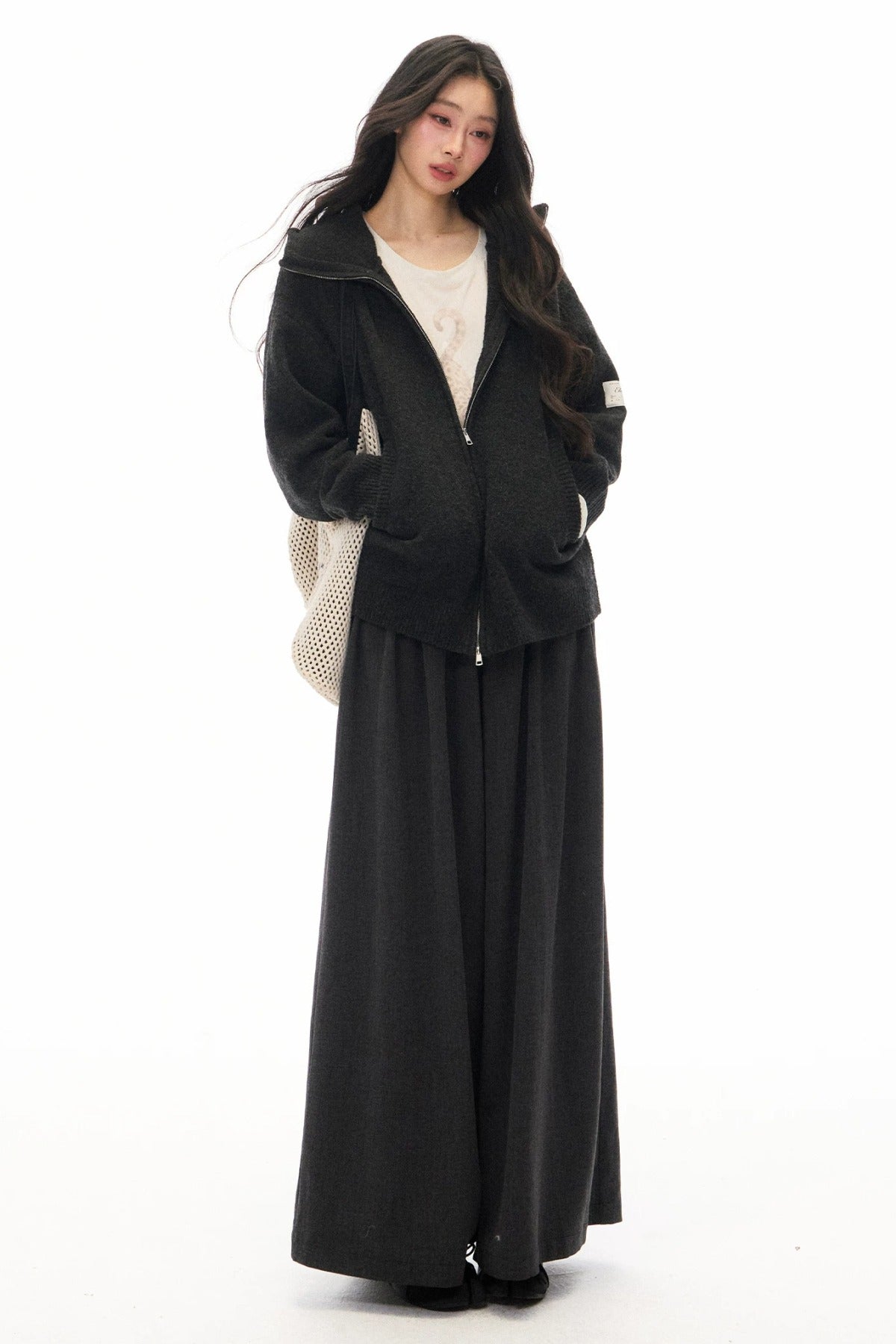 Conjunto de cárdigan de punto con capucha y pantalones