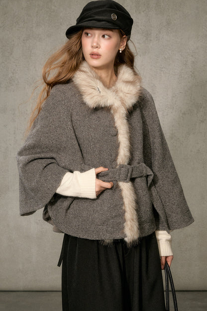 Floral Fur Collar Woolen Cape