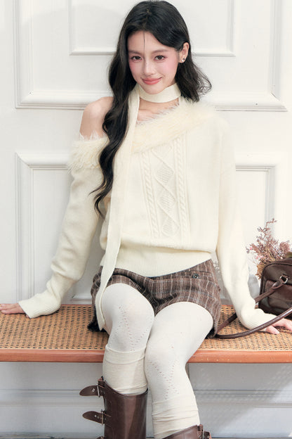 Fur Collar Off-Shoulder Cable Knit Sweater