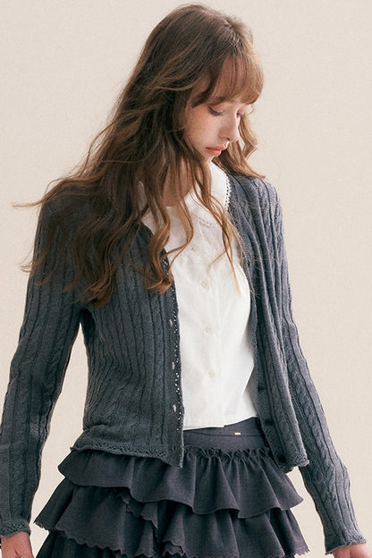 Cardigan à col en V à carreaux avec nœud