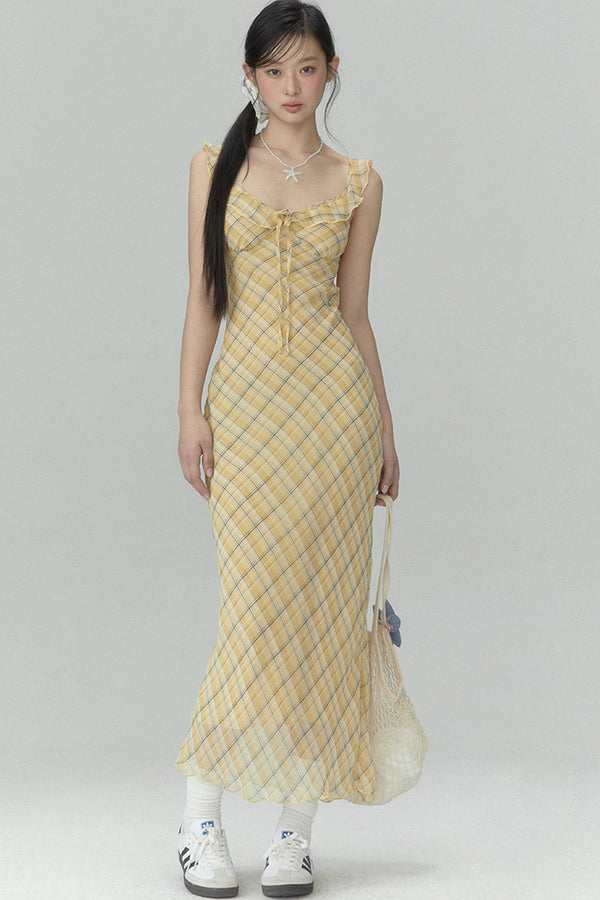 Yellow Plaid Slim Long Dress
