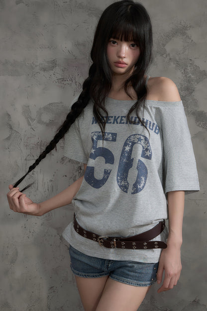 Slanted Shoulder Off-Shoulder T-Shirt Top and Pants Set-Up