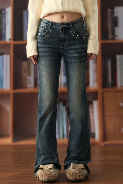 Low-Waist Star-Stud Flared Jeans