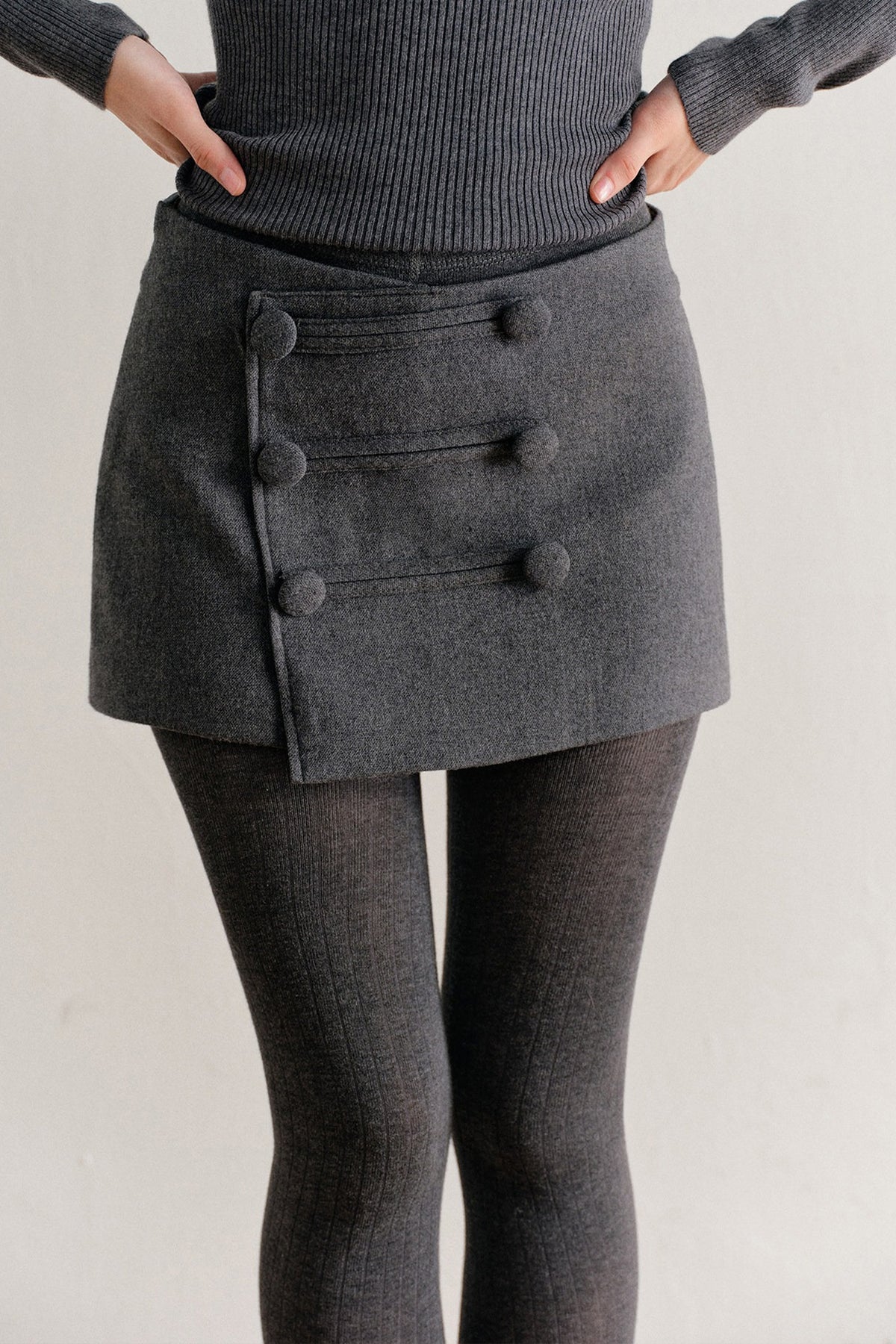 Wool Blend Double-Breasted Diagonal Placket Skirt