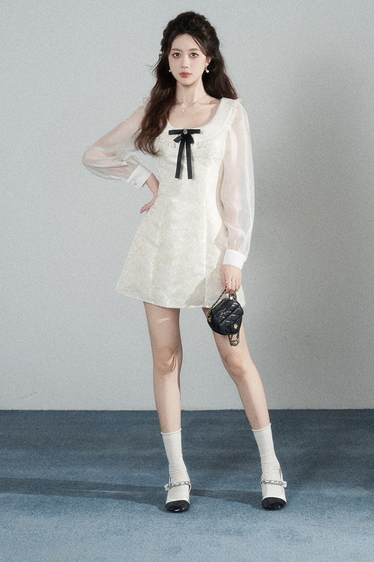 Waist-Cinching A-Line Jacquard Long-Sleeve Dress