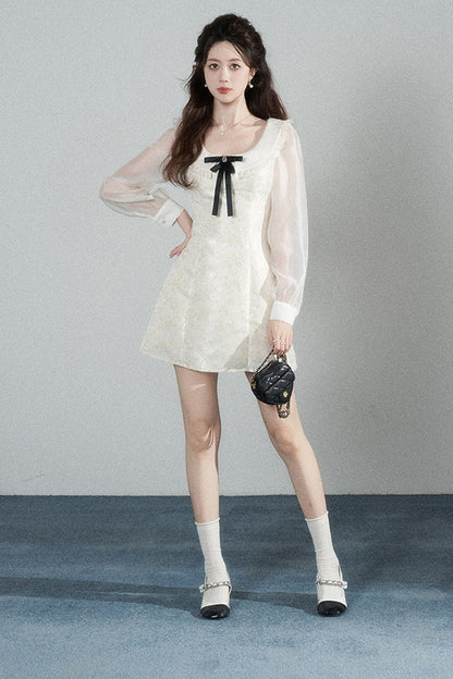 Waist-Cinching A-Line Jacquard Long-Sleeve Dress
