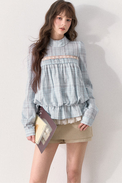 Mint Plaid Lace Blouse