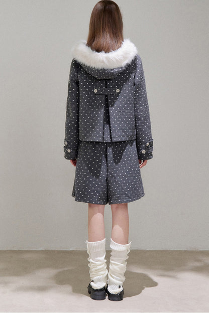 Lace Trim Fur Collar Hooded Coat