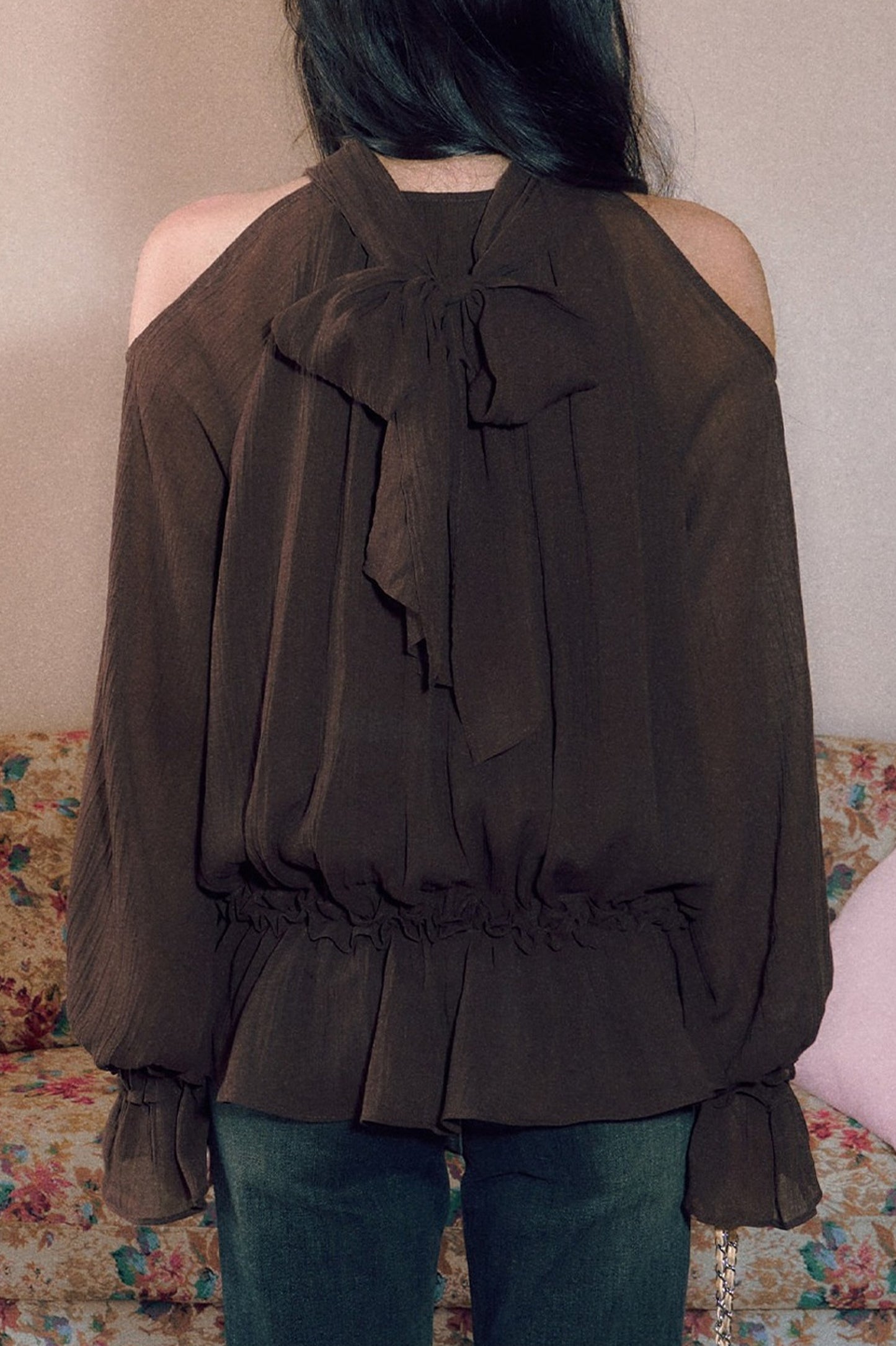 Retro Halterneck Off-Shoulder Ruffle Blouse