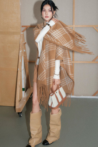 Tassel Plaid Scarf Cape Set-Up