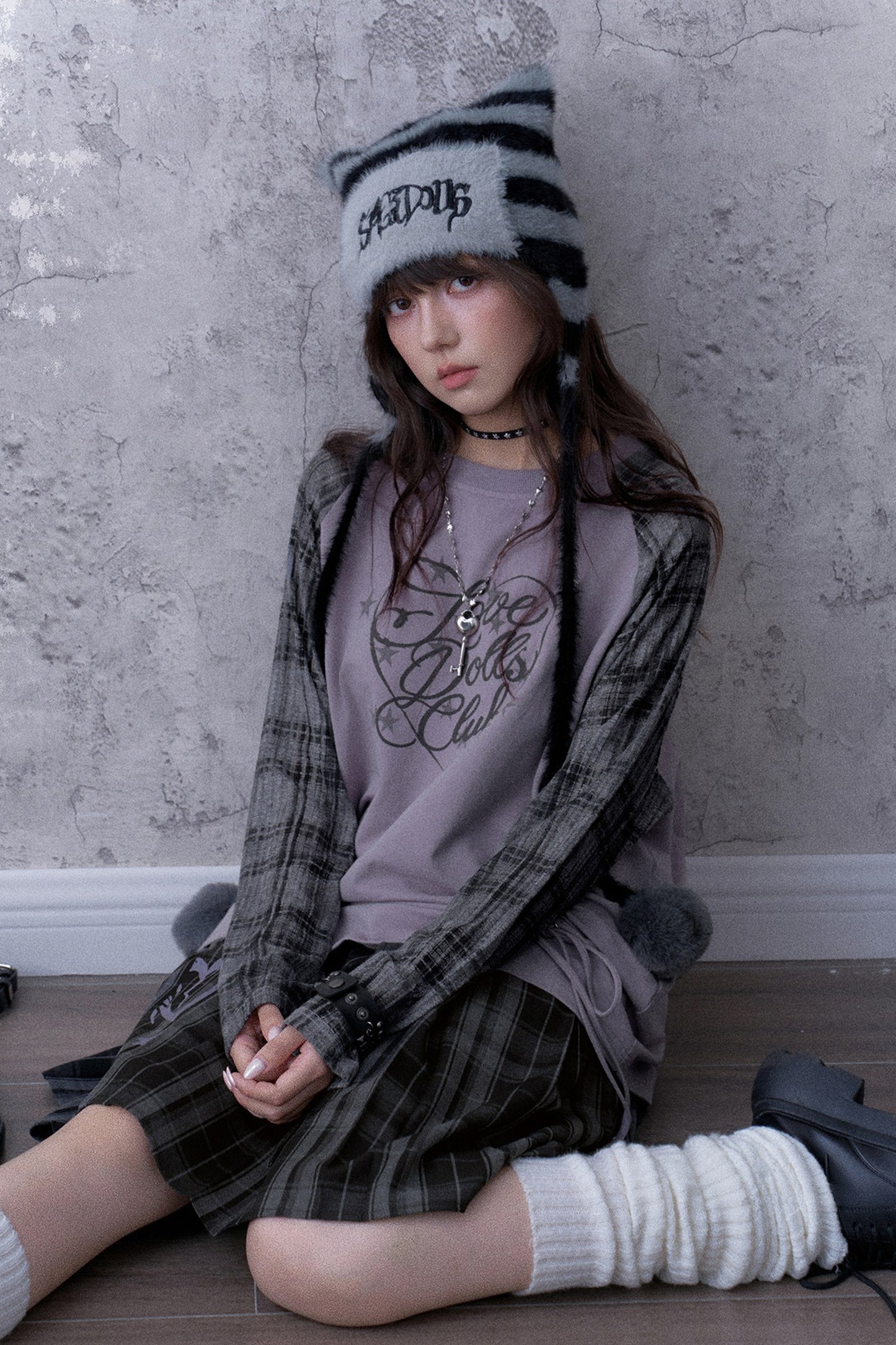 Gray-Purple Raglan Sleeve Printed Drawstring T-Shirt and Plaid Skirt Set