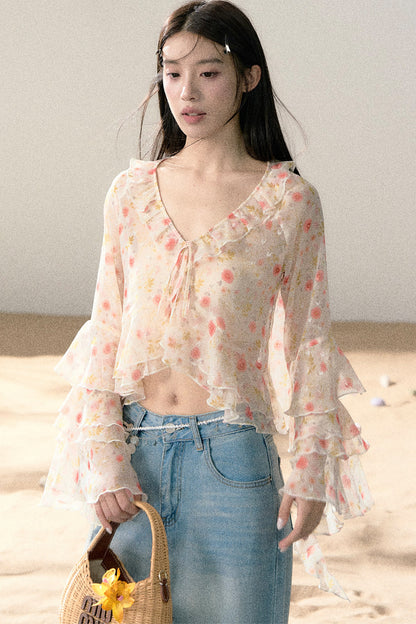 Floral Chiffon Ruffle Blouse
