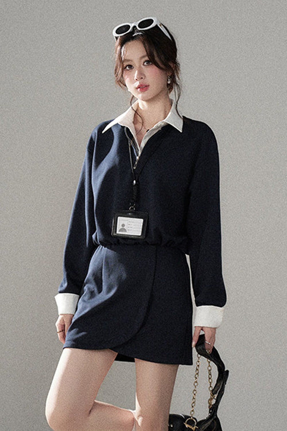 Layered-Look Polo Collar Sweatshirt Dress